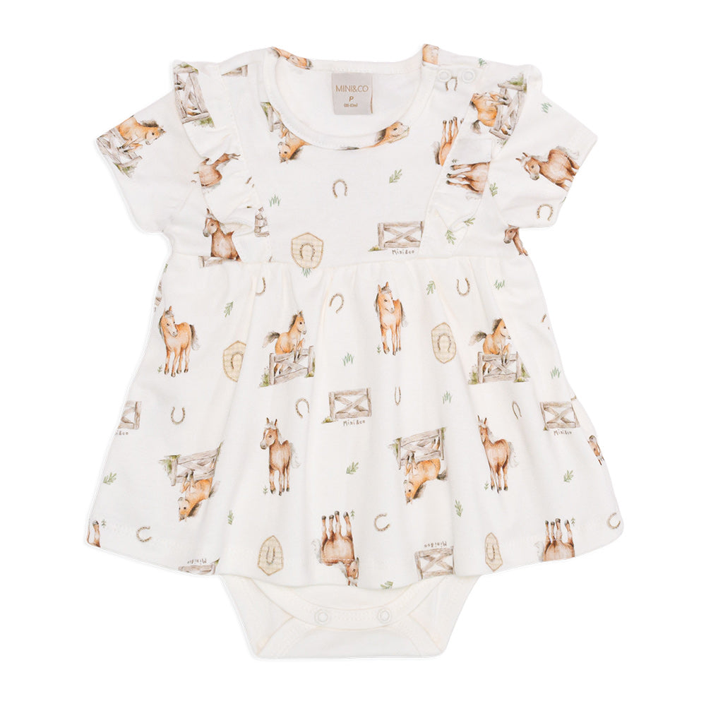 Body Vestido Manga Curta Com Babado Suedine Feminino - Cavalinhos
