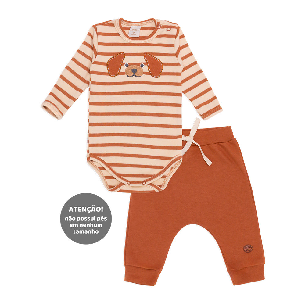 Conjunto Body Manga Longa Bordado Listrado e Calça Suedine Masculino – Cachorrinhos