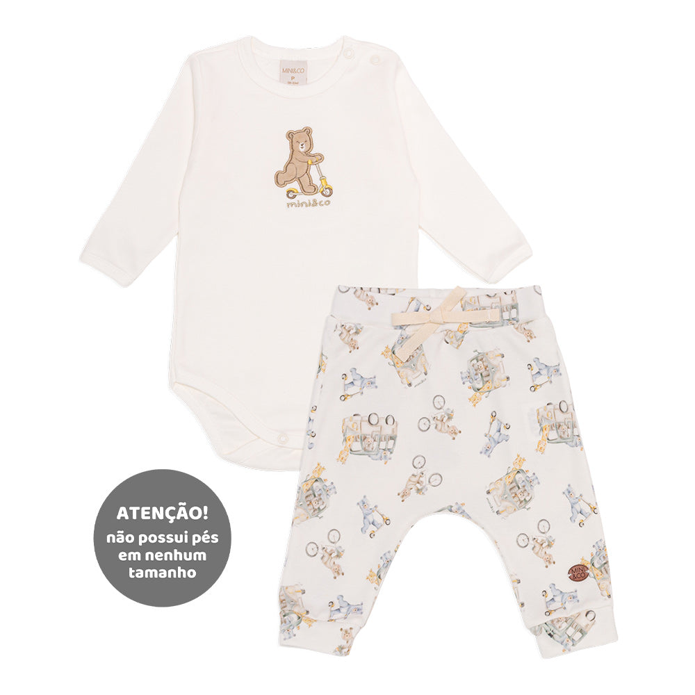 Conjunto Body Manga Longa Estampado e Calça Suedine Masculino – Bichinhos Transporte