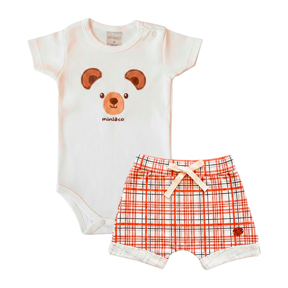 Conjunto Body Manga Curta Bordado e Shorts Masculino Mini & Co - Urso Rostinho