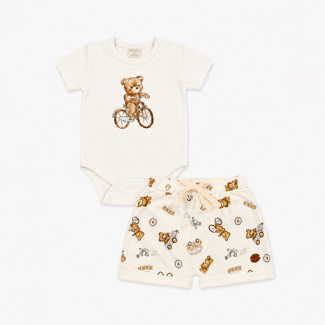 Conjunto Body Manga Curta E Shorts Com Barra Virada Mini & CO Em Suedine Masculino - Ursinhos