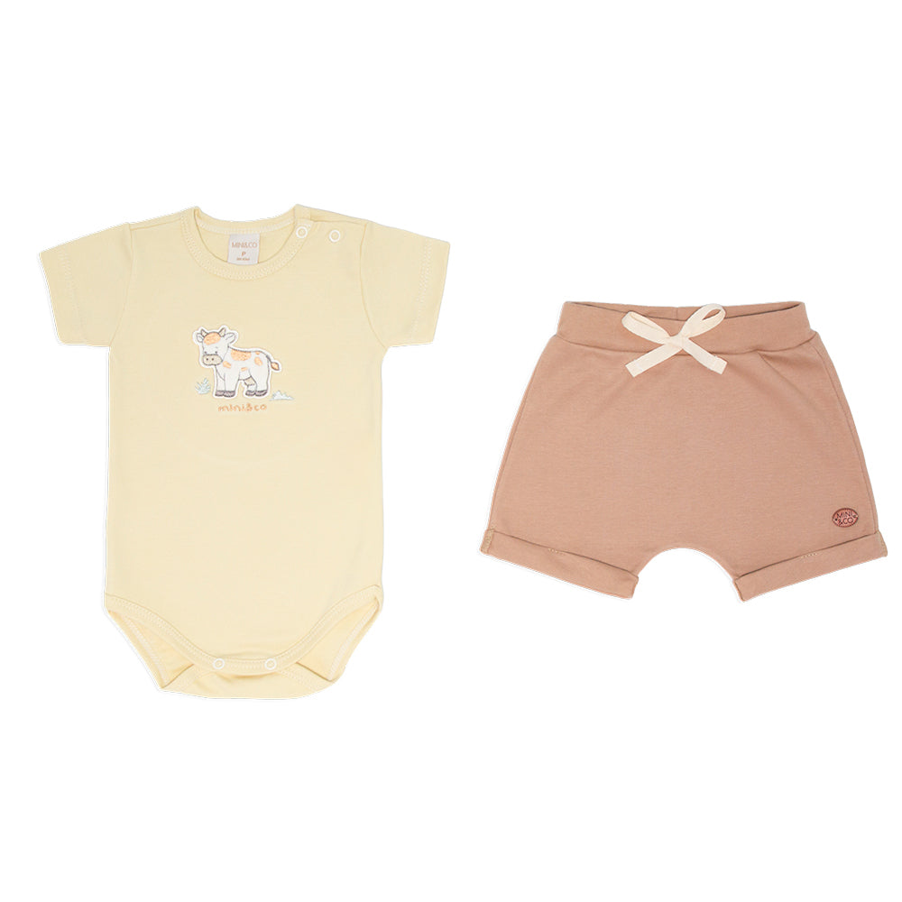 Conjunto Body Manga Curta e Shorts Barra Virada Mini E Co Suedine Masculino - Little Farm