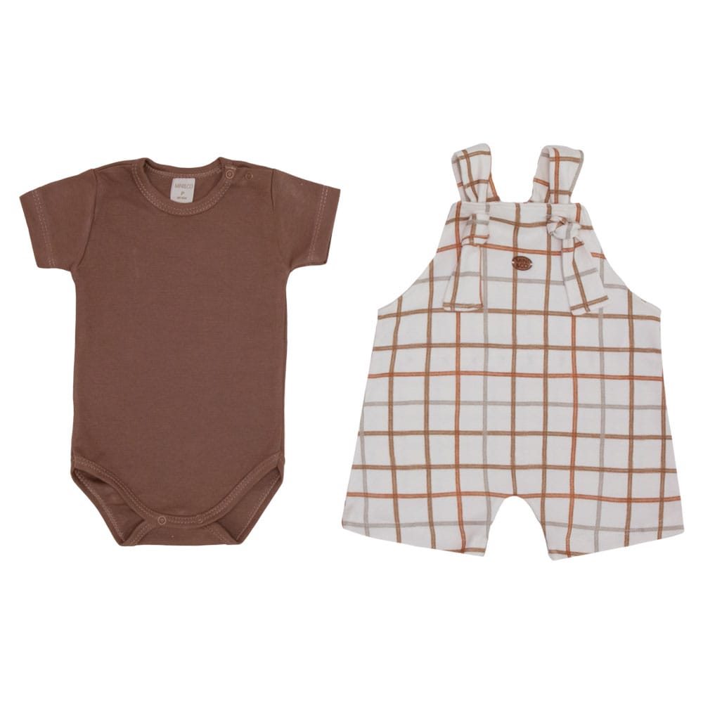 Conjunto Body Manga Curta e Jardineira Amarração Suedine Masculino - Ursinhos