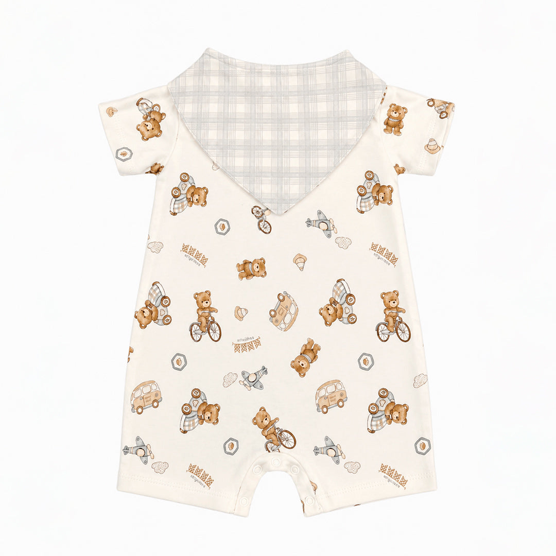 Conjunto Macacão Manga Curta E Babador Bandana Mini & CO Em Suedine E Atoalhado Masculino - Ursinhos