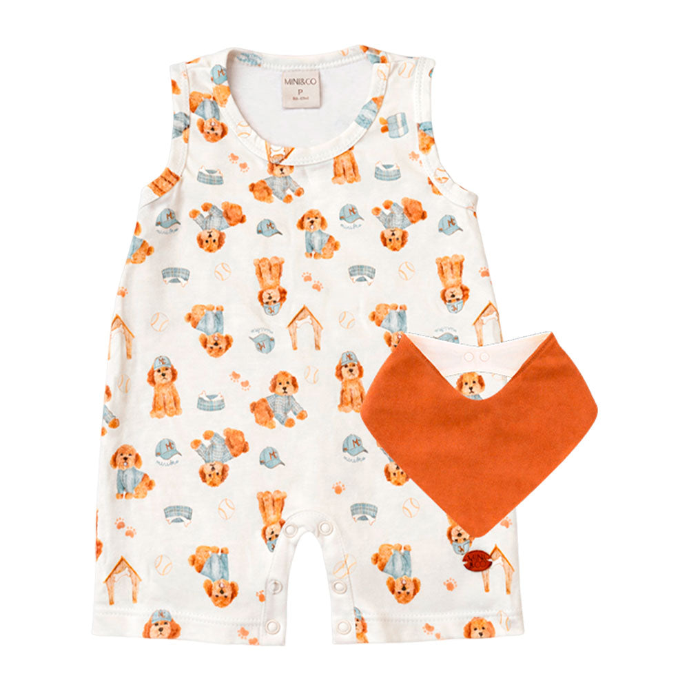 Macacão Regata Suedine e Babador Mini & Co Masculino - Cachorrinho