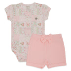 Conjunto Body Manga Curta Estampado e Shorts com Laço Suedine Feminino – Patchwork