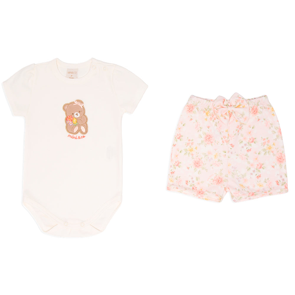 Conjunto Body Manga Curta E Shorts Com Laço Mini E Co Suedine Feminino - Ursinhas Florais