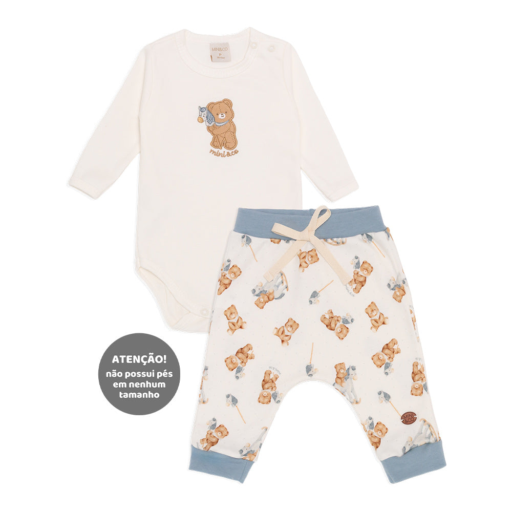 Conjunto Body Manga Longa Bordado e Calça Suedine Masculino – Ursinho e Cavalinho