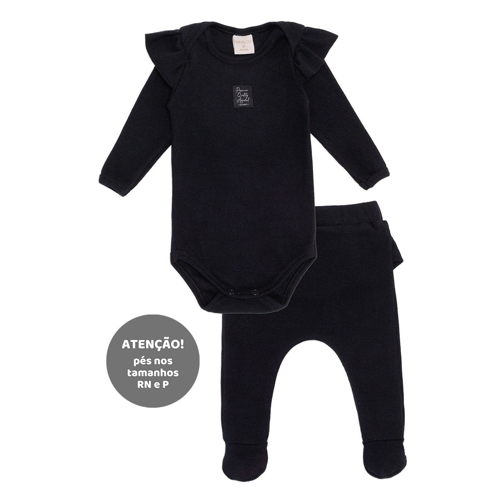 Conjunto Body Manga Longa Transpaassado e Mijão Preto Feminino - Fazendinha