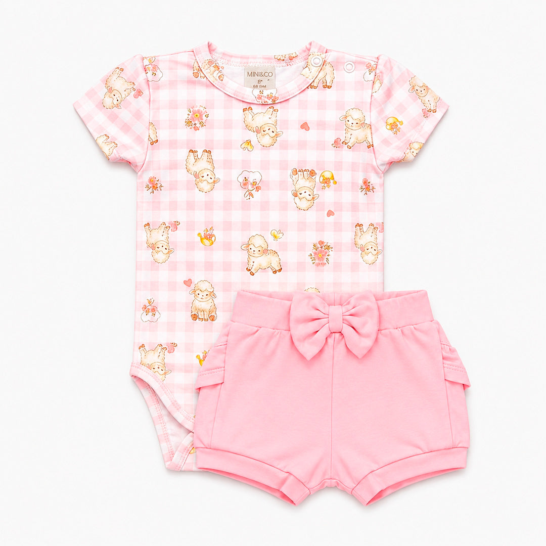 Conjunto Body Manga Curta E Shorts Com Babado Mini & CO Em Suedine Feminino - Ovelhinhas