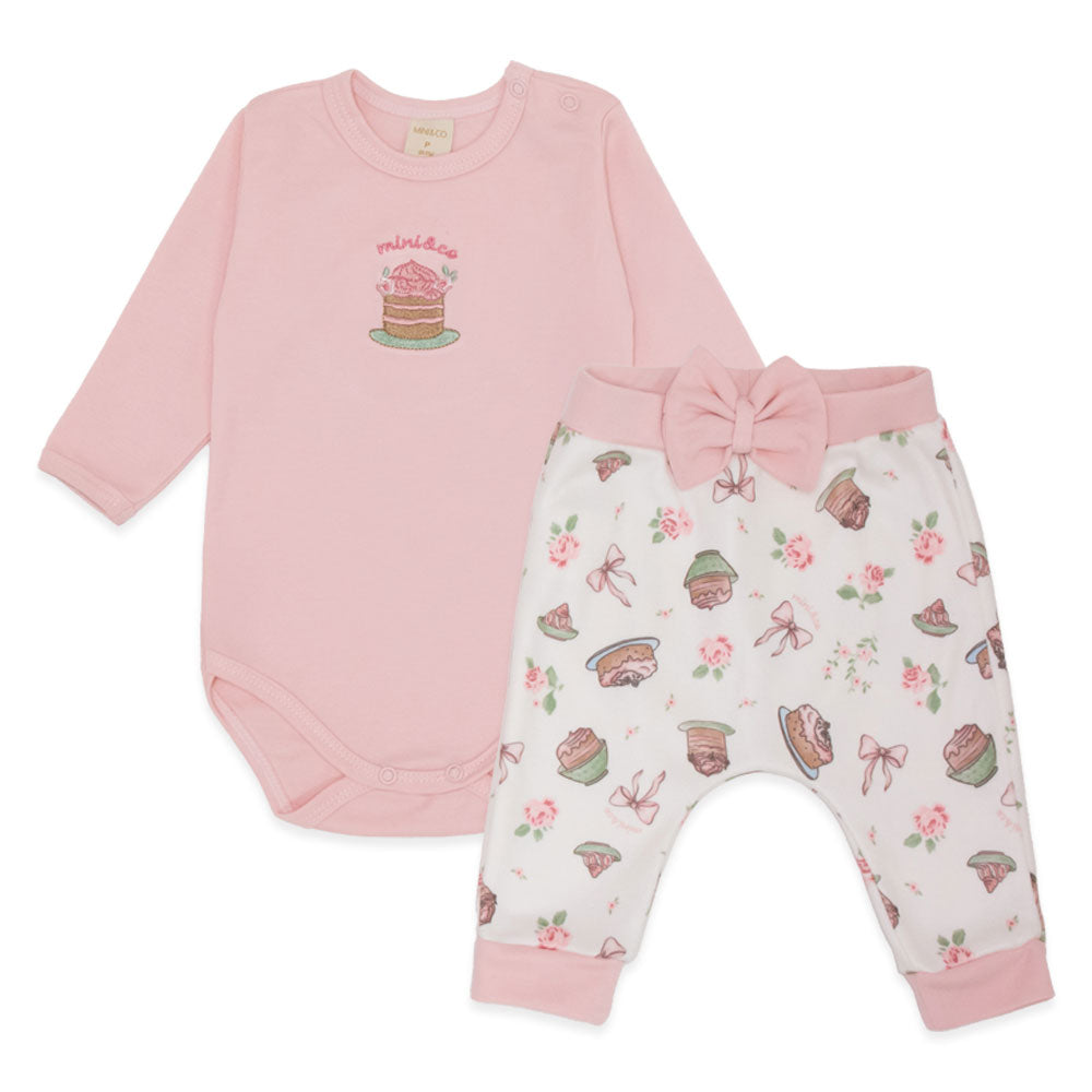 Conjunto Body Manga Longa Bordado e Calça com Laço Estampada Feminino - Esquilinhas