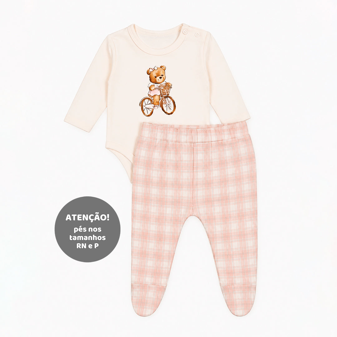 Conjunto Body Manga Longa E Mijão Com Babadinho Mini & CO Em Suedine Feminino - Ursinhas