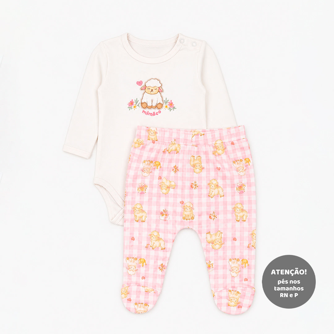 Conjunto Body Manga Longa e Mijão Com Babadinho Mini & CO Em Suedine Feminino - Ovelhinhas