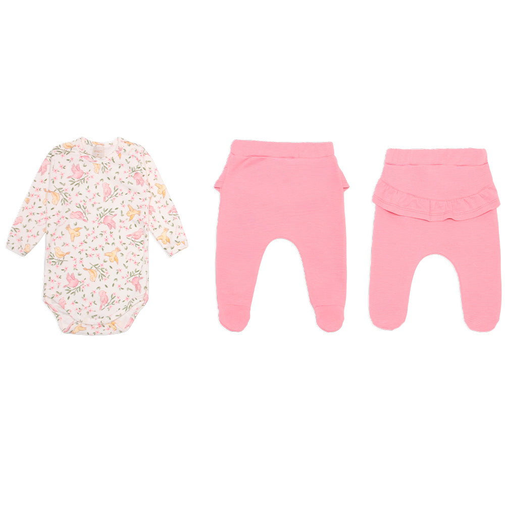 Conjunto Body Manga Longa E Mijão Babadinho Mini E Co Suedine E Malha Maquinetada Feminino - Passarinhos