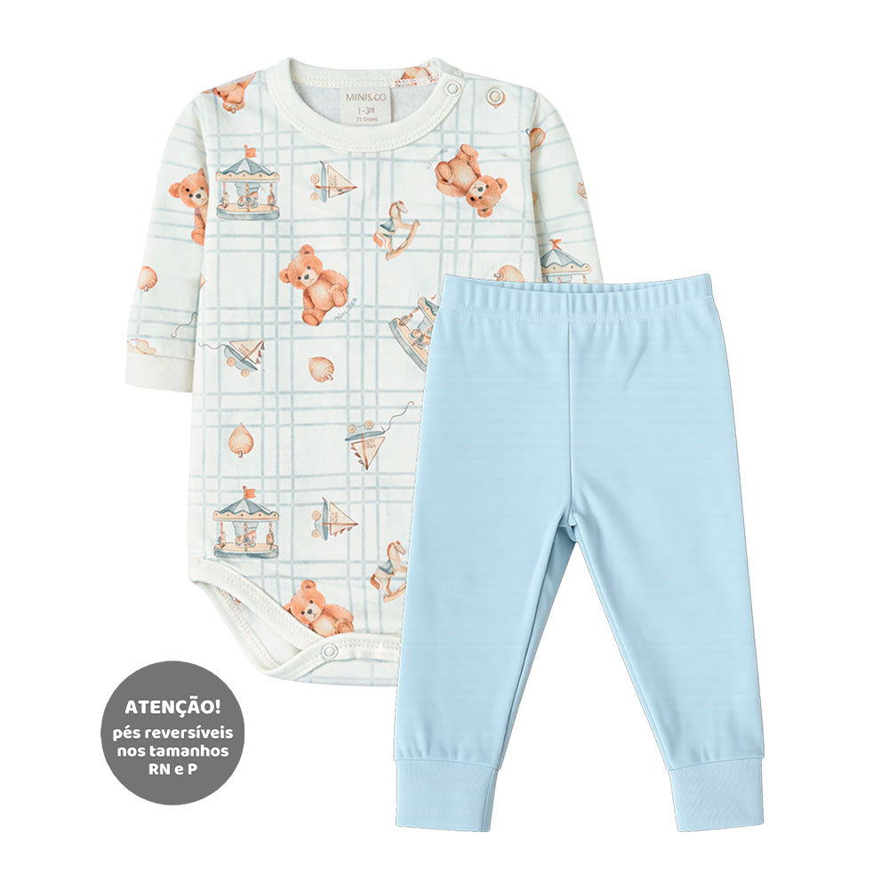 Conjunto Body Manga Longa e Mijão Masculino Mini & Co - Ursinhos