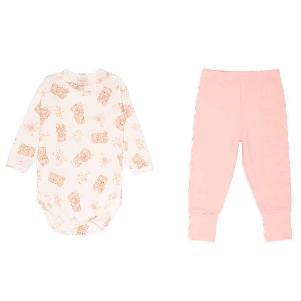Conjunto Body Manga Longa Com Mijão Mini E Co Suedine Com Pé Reversível - Ursinhas Florais
