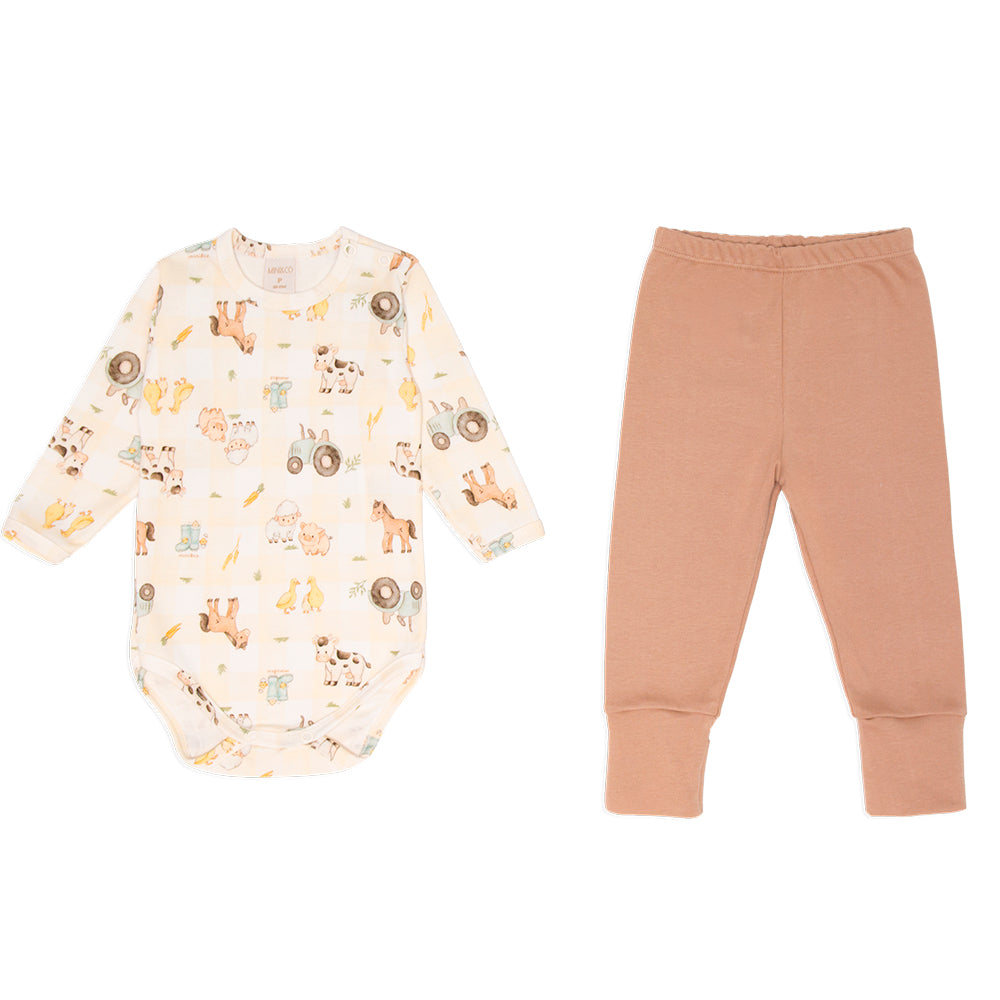 Conjunto Body Manga Longa E Mijão Mini E Co Suedine Com Pé Reversível Masculino - Little Farm