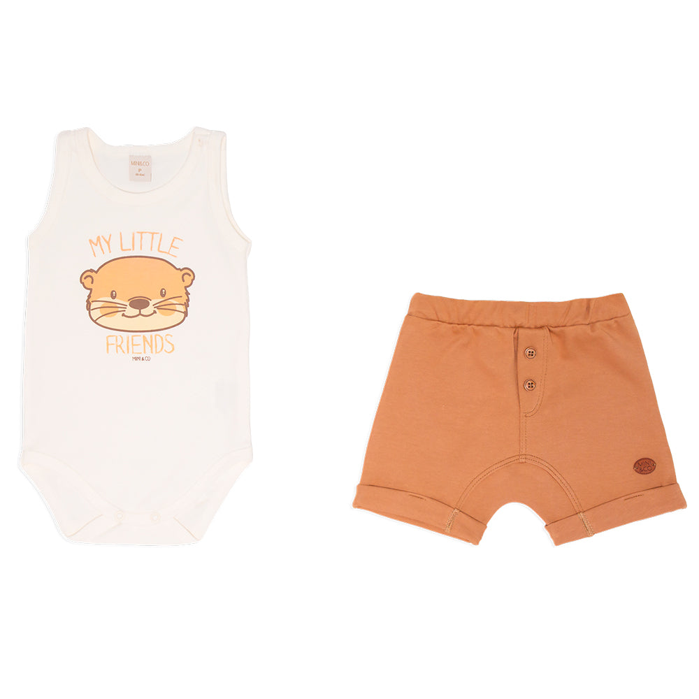 Conjunto Body Regata E Shorts Barra Virada Mini E Co Suedine Com Vista Falsa Masculino - Forest
