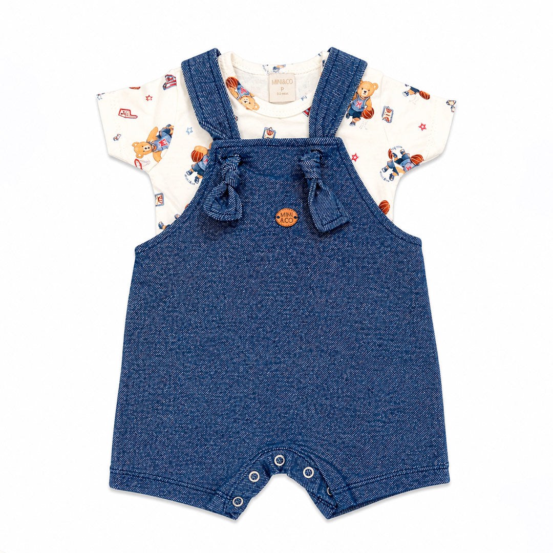 Conjunto Body Manga Curta E Jardineira Com Entrepernas Mini & CO Em Suedine E Malha Denim Masculino - Urso Esportes