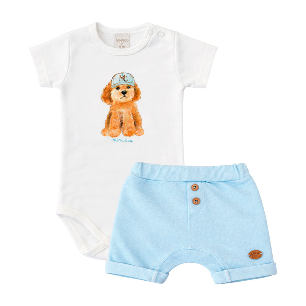 Conjunto Body Manga Curta e Shorts Suedine e Malha Denim Mini & Co Masculino - Cachorrinho
