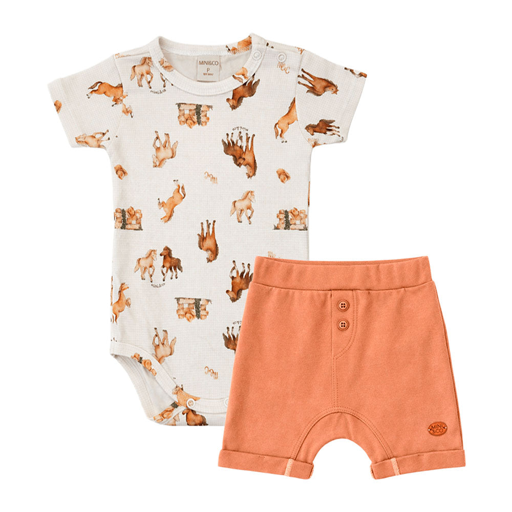 Conjunto Body Manga Curta Estampado e Shorts Suedine Masculino Mini & Co - Cavalinhos