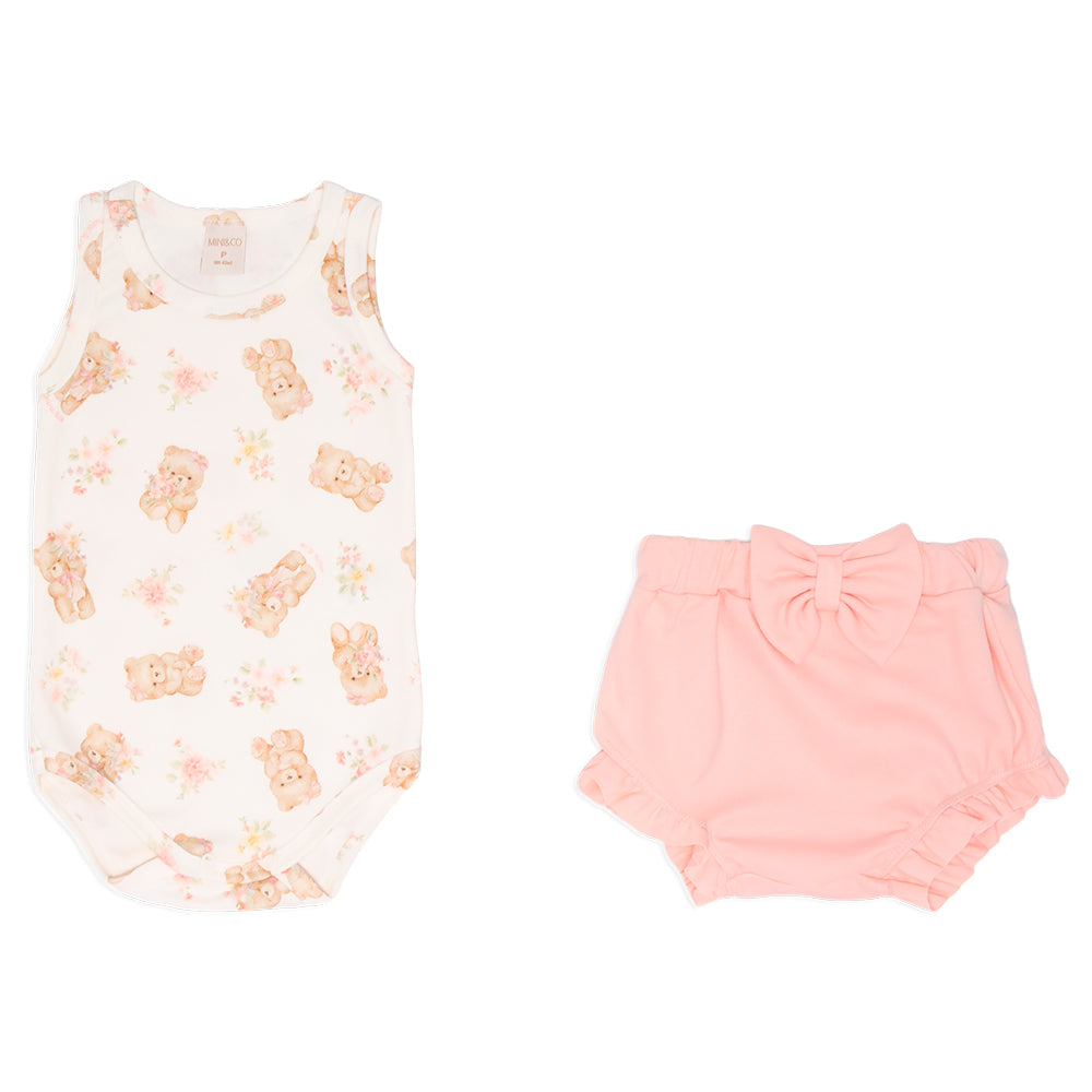 Conjunto Body Regata E Cobre Fraldas Mini E Co Suedine Com Punho Babadinho E Laço Feminino - Ursinhas Florais