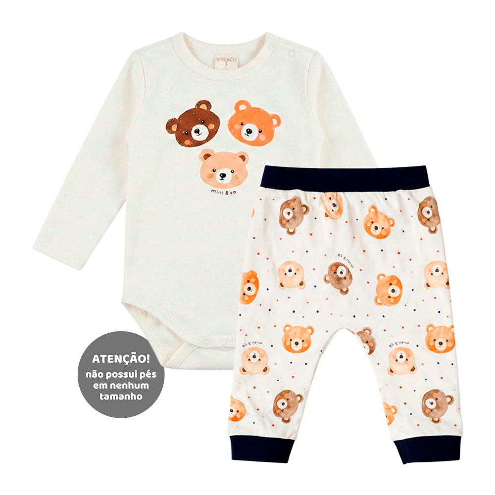 Conjunto Body Manga Longa e Calça Estampada Mini & Co Masculinho - Urso Rostinho