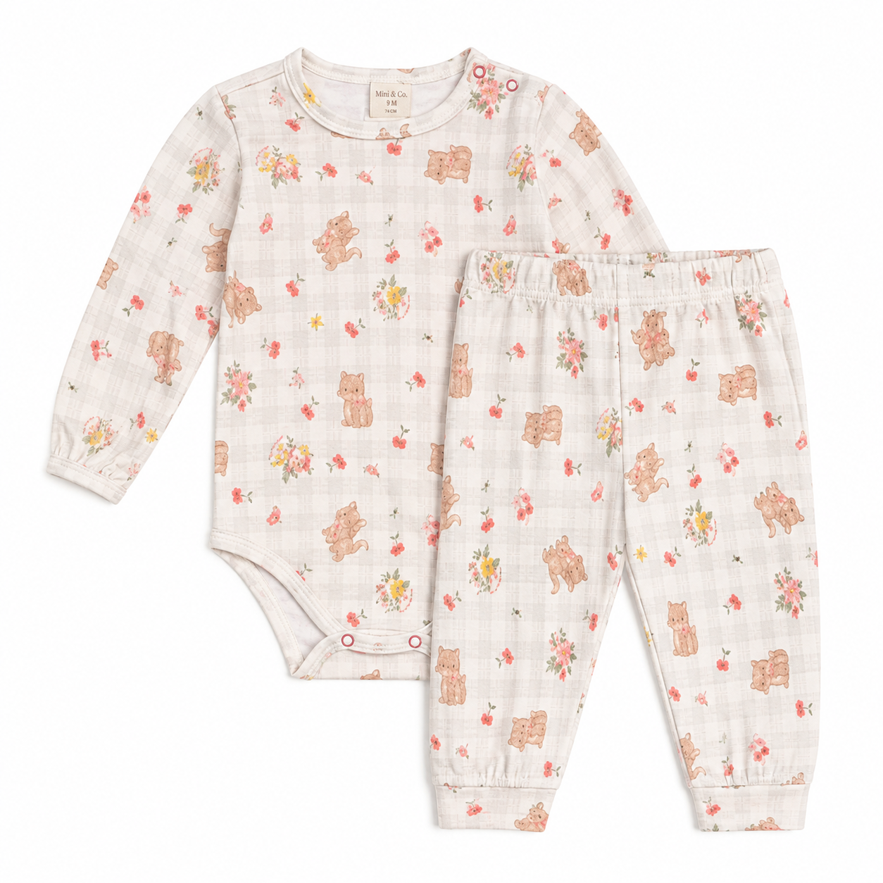 Conjunto Body Manga Longa e Mijão Estampado Feminino Mini & Co - Gatinhas