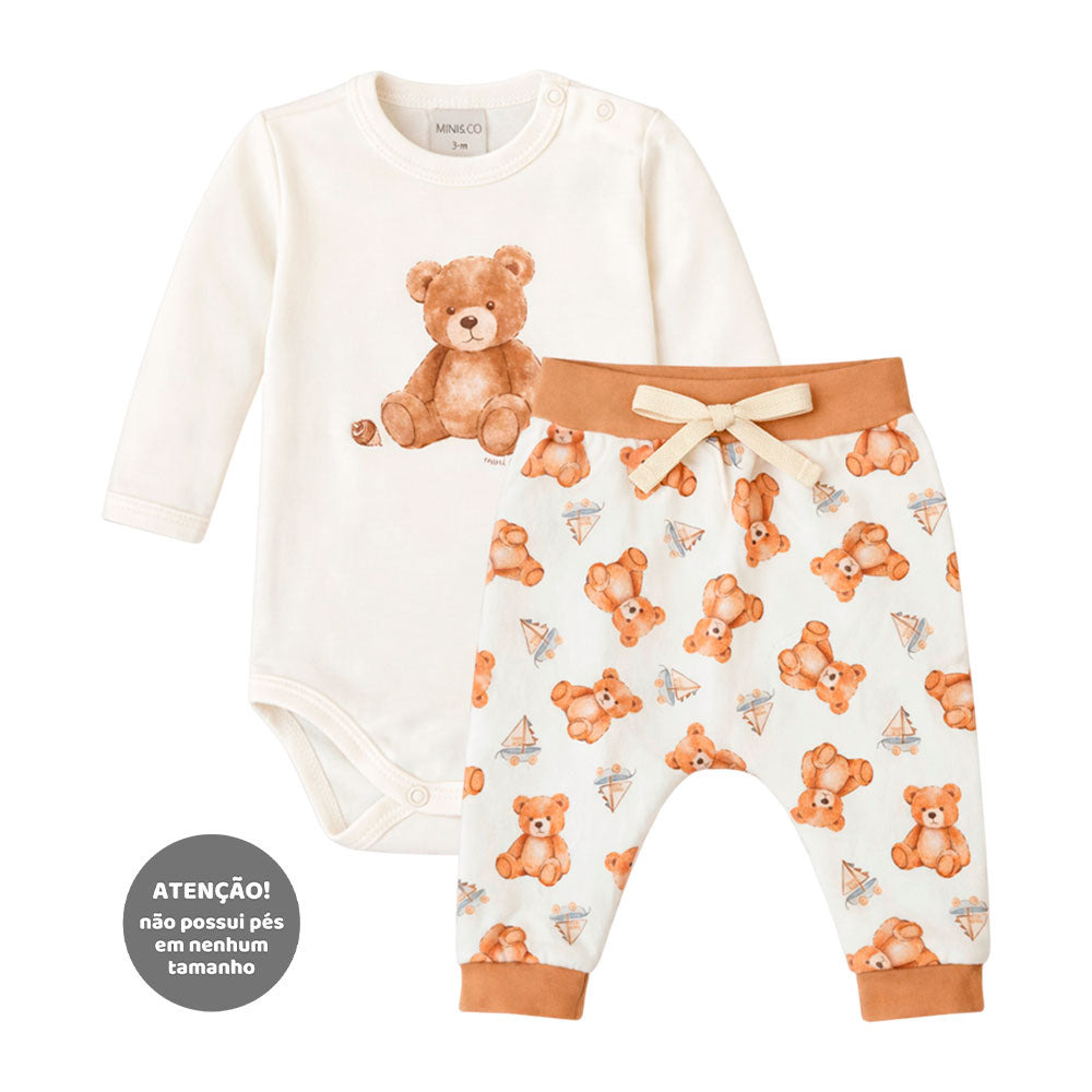 Conjunto Body Manga Longa Suedine e Calça Microsoft Masculino Mini & Co - Ursinhos