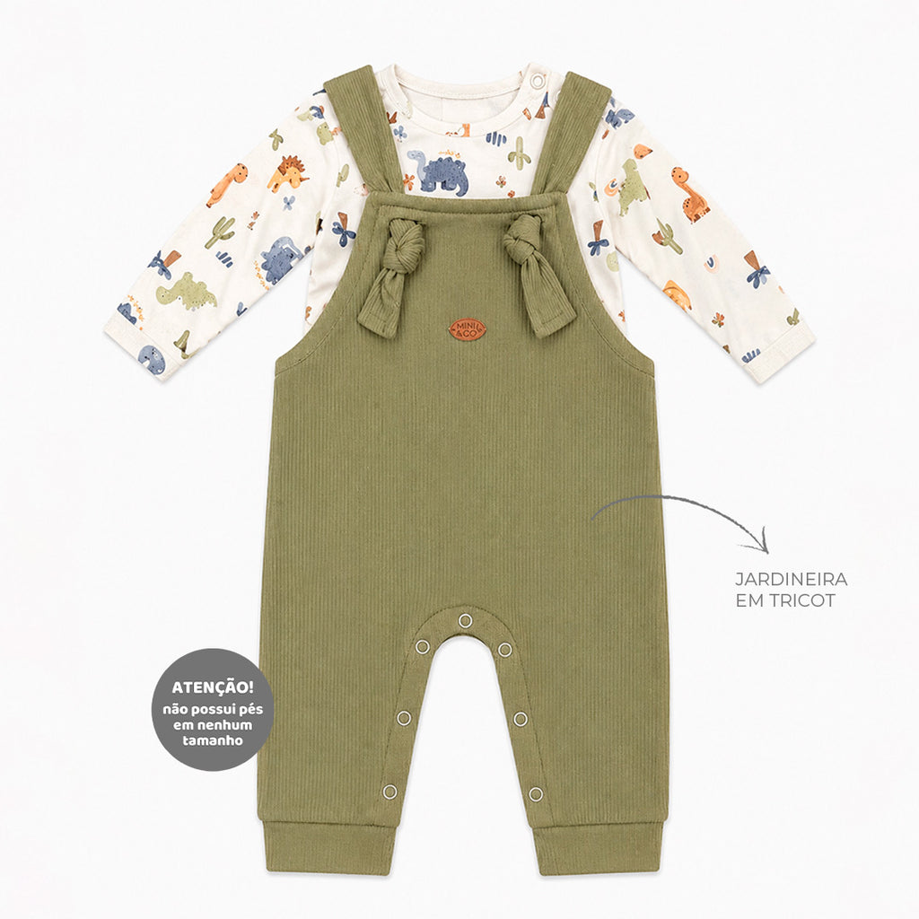 Conjunto Body Manga Longa e Jardineira Tricot e Suedine Masculino Mini & Co – Dinos