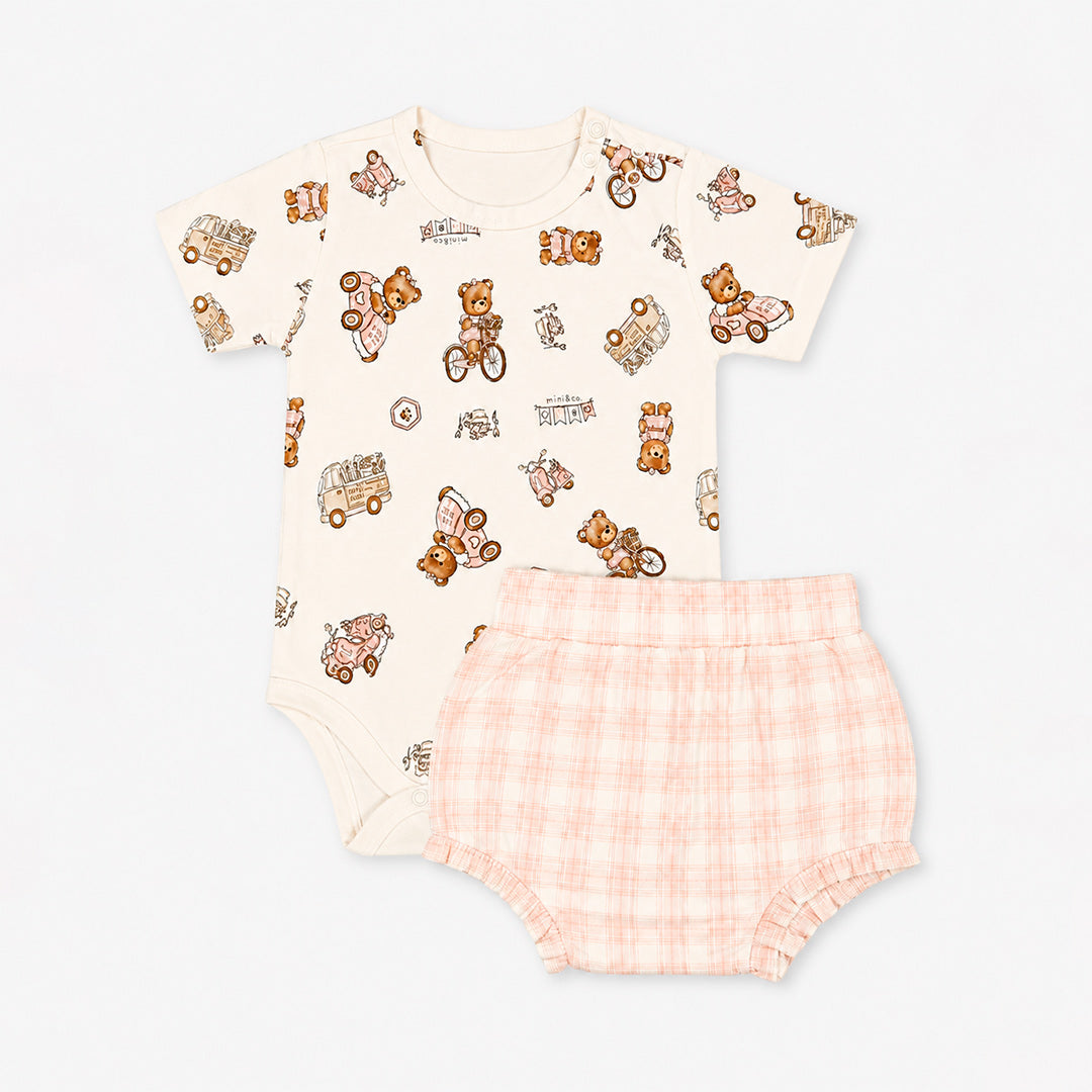 Conjunto Body Manga Curta E Cobre Fraldas Com Punho E Babadinho Mini & CO Em Suedine Feminino - Ursinhas