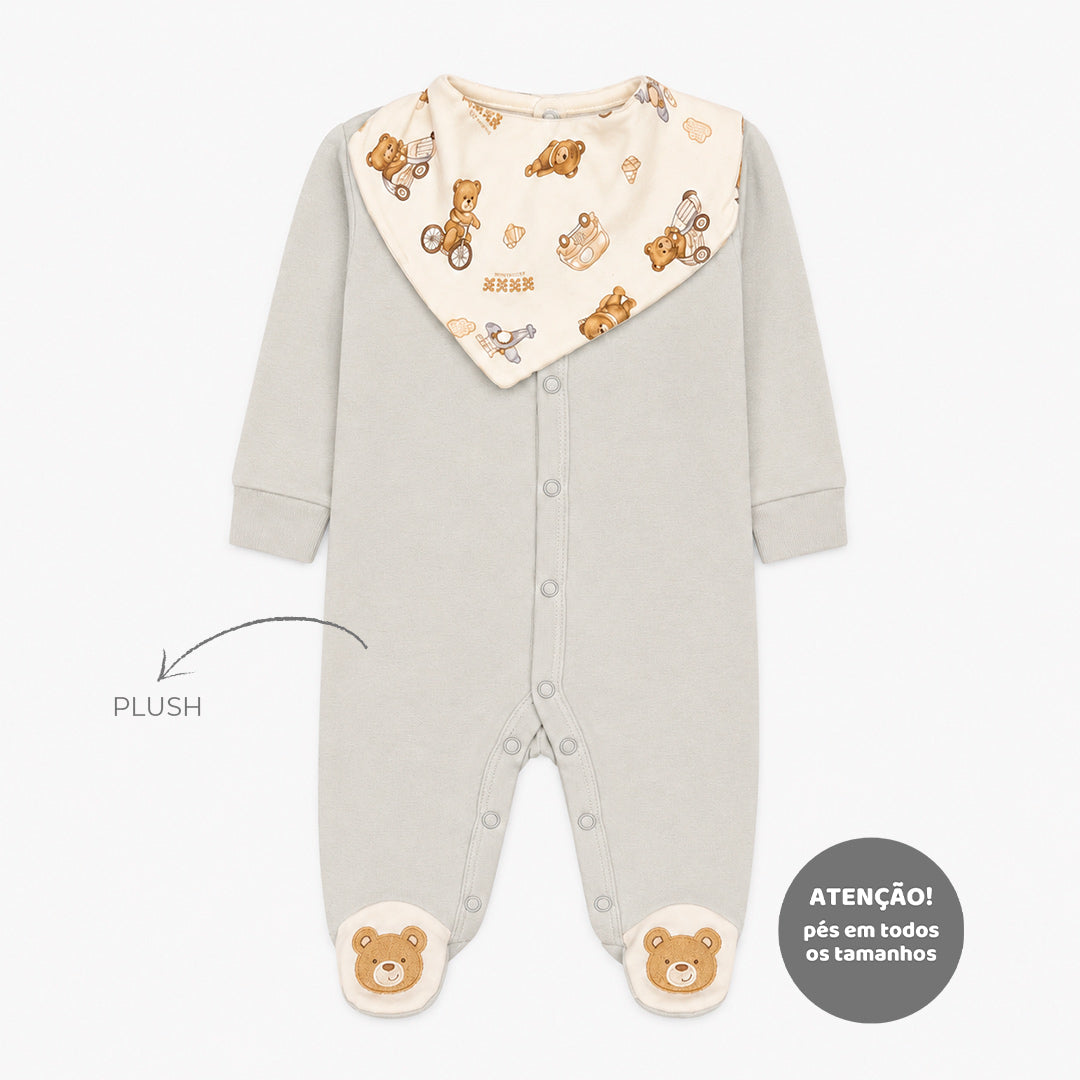 Conjunto Macacão Manga Curta E Babador Bandana Mini & CO Em Suedine E Atoalhado Masculino - Ursinhos