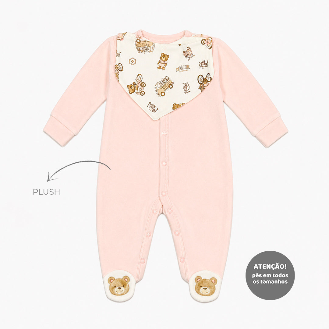 Macacão Plush Manga Longa Com Bandana E Pézinho Em Sherpa Mini & CO Em Suedine E Atoalhado Feminino - Ursinhas