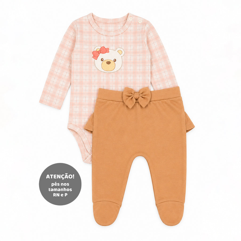 Conjunto Body Manga Longa E Calça Com Babado E Laço Mini & CO Em Suedine Feminino - Ursinhas