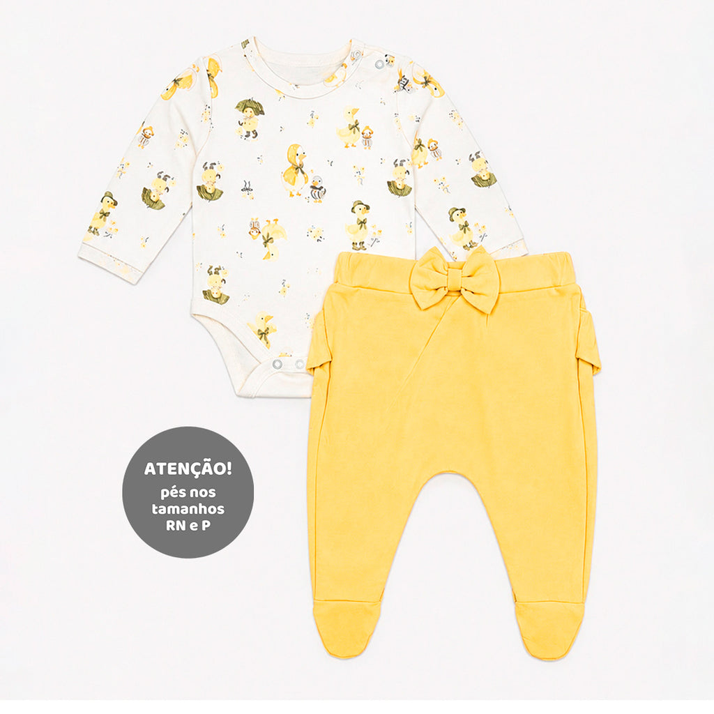 Conjunto Body Manga Longa e Mijão Babadinho e Laço Mini & CO Suedine Feminino - Patinhas