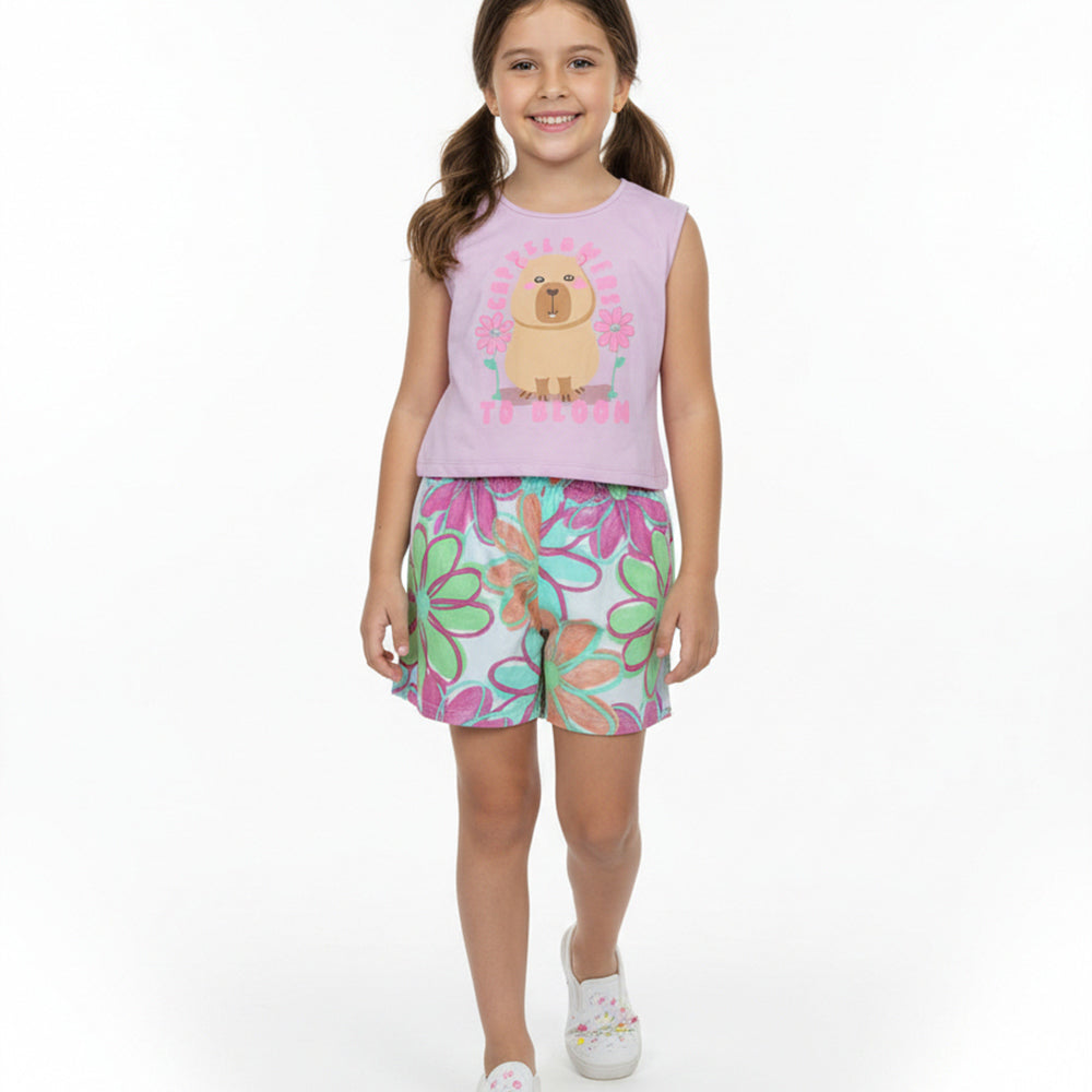 Conjunto Camiseta Manga Curta E Shorts Fakini Infantil Estampado Feminino