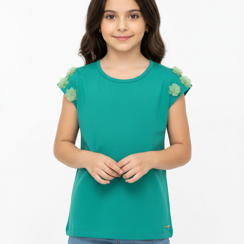 Camiseta Manga Curta Fakini Infantil Com Aplicação Nas Mangas Feminino