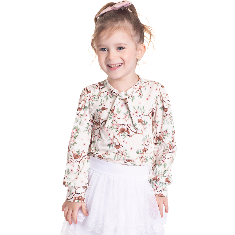 Blusinha Manga Longa Canelada Pássaros Off White Randa Mundu - Feminina