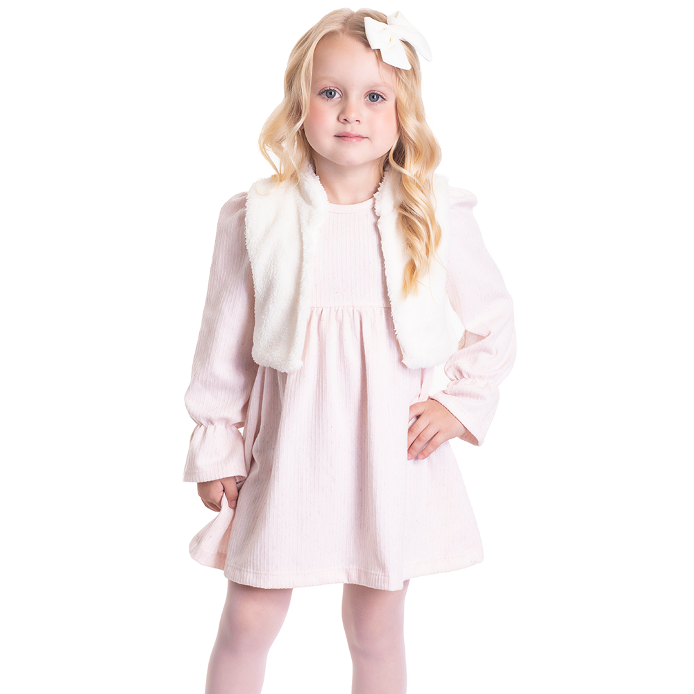 Conjunto Vestido Manga Longa e Colete Peluciado Rosa Cake Randa Mundu - Feminino