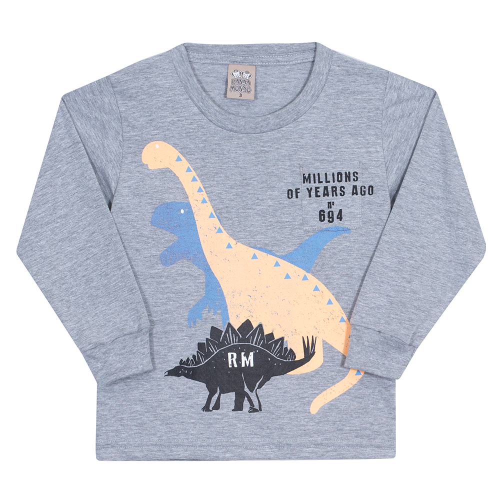 Camiseta Manga Longa Dinossauro Mescla Randa Mundu - Masculina