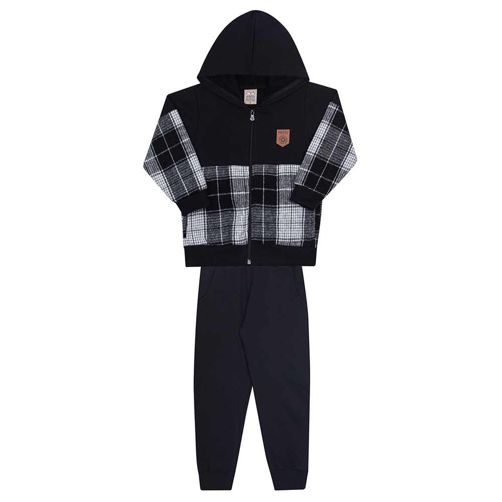 Conjunto Casaco Flanela com Capuz e Calça Moletom Preto Xadrez Randa Mundu - Masculino