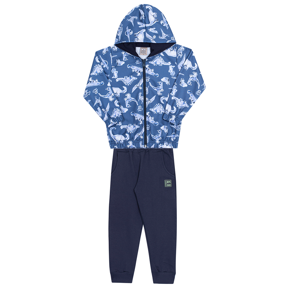 Conjunto Moletom com Capuz Dinossauros Azul Randa Mundu - Masculino
