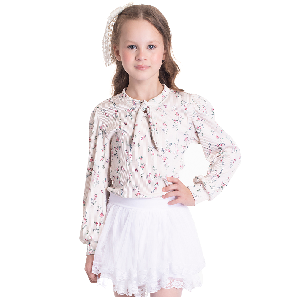 Blusinha Manga Longa Canelada Estampada Flores Bege Randa Mundu - Feminina