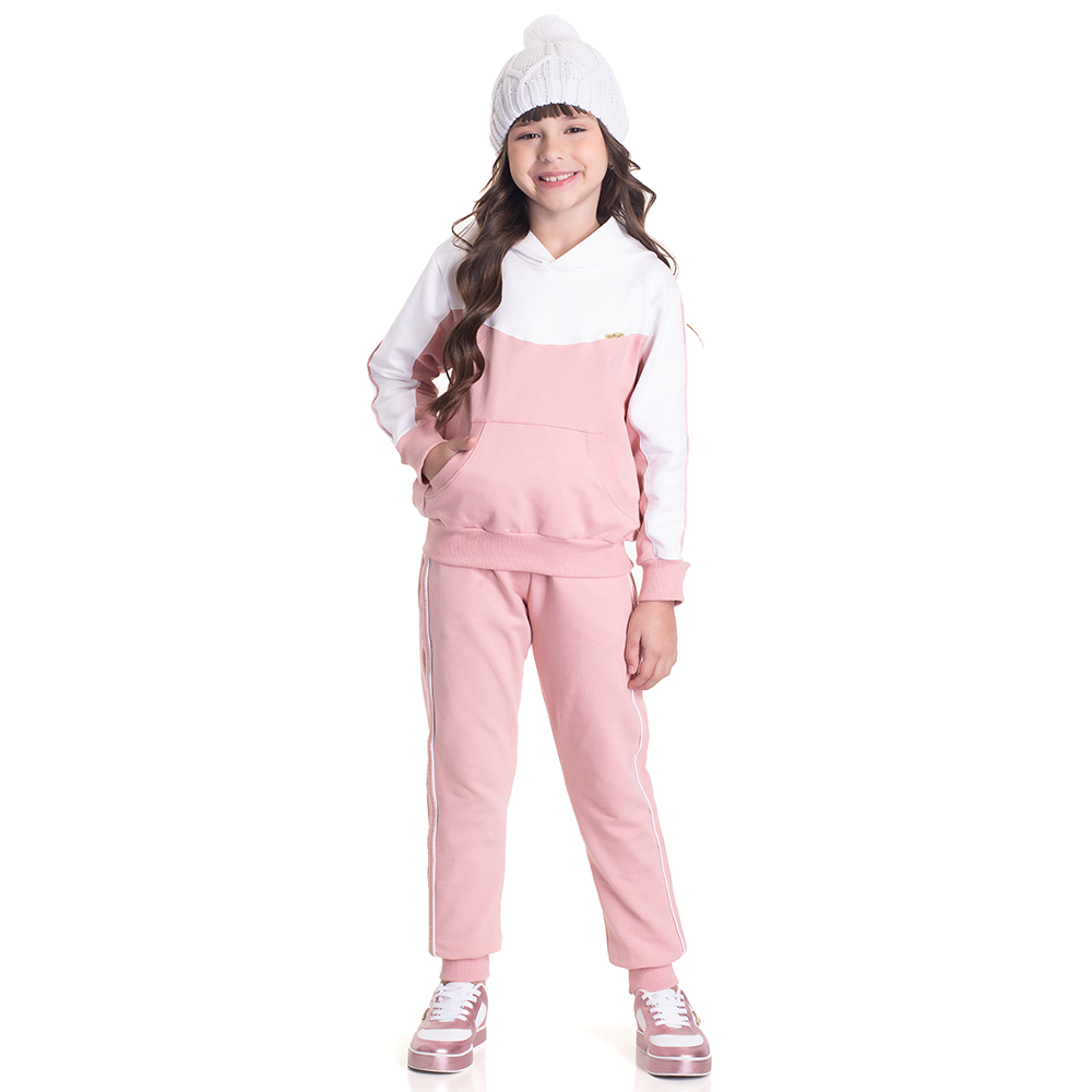 Conjunto Manga Longa Moletom com Capuz Rosa e Branco Randa Mundu - Feminino