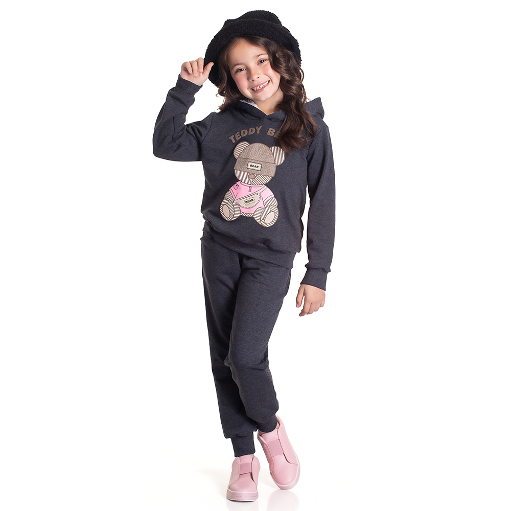 Conjunto Manga Longa Moletom Teddy Bear Preto Randa Mundu - Feminino