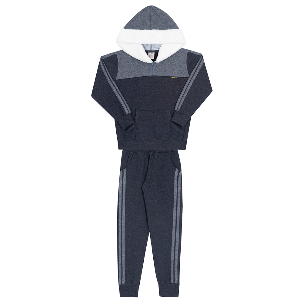 Conjunto Manga Longa Moletom com Capuz Mescla e Preto Randa Mundu - Feminino