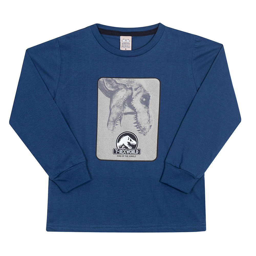 Camiseta Manga Longa T-Rex World Brilha no Escuro Azul Randa Mundu - Masculina