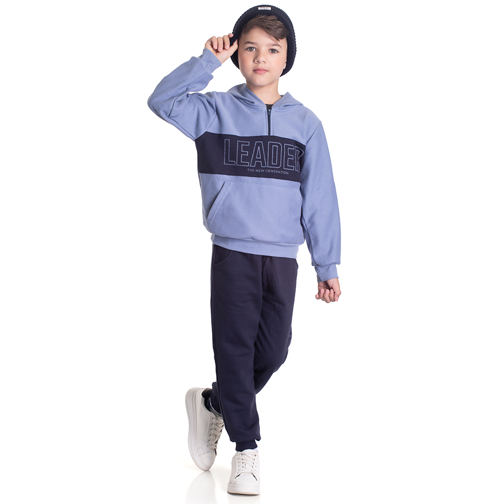Conjunto Moletom com Capuz Peluciado Leader Azul Randa Mundu - Masculino