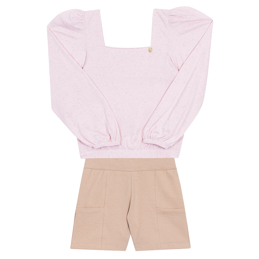 Conjunto Blusa Manga Longa Cotton e Shorts Molecotton Rosa Randa Mundu - Feminino