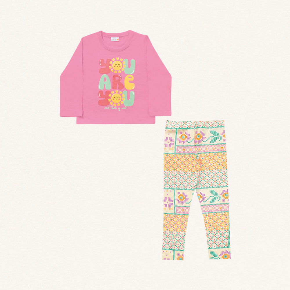 Conjunto Camiseta Manga Longa e Legging Malha You Are You Rosa Fakini - Feminino